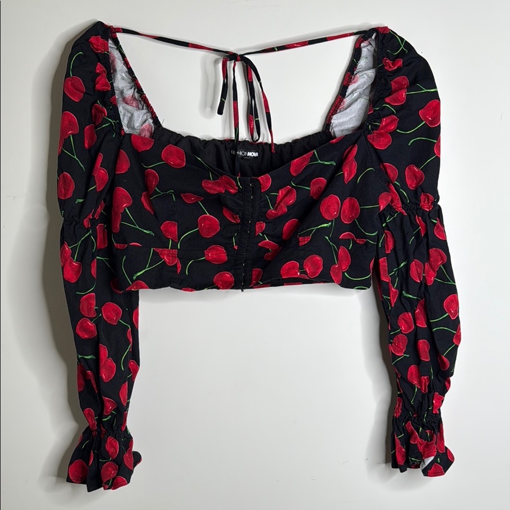 Cherry Print Black Crop Top